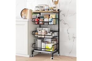 UMDONX Vegetable Storage Rack Kitchen Trolley on Wheels, 4 Tier Rolling Cart Veg Fruits Organiser, Durable Metal Black Heavy-duty