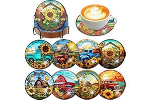 MRNSIET 8 Pcs Diamond Art Coasters Kit with Holder for Adults,Sunflowers Diamond Painting Coasters Kits with Cork Pads,DIY Stained Glass Sunflower Gem Painting Coaster Set Crafts.