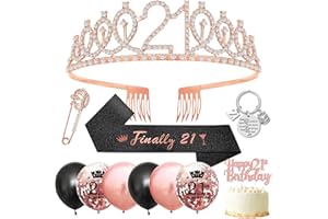 SWPEED 21st Birthday Decorations for Her, 21st Birthday Gifts for Her,21st Birthday Sash and 21st Birthday Tiara,21 Tiara Rhinestone Crown,Glitter Sash,Black Rose Gold Balloons,Cake Topper,Keyring for Party