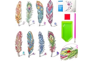KOMABLEN 8Pcs Plume Diamond Painting Enfant, Diy Diamant Painting avec Pendentif en Cristal, Peinture Diamant Marque-pages Bricolage Jouet Cadeaux Anniversaire Fille 5-12 ans Adultes