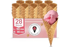 ‎MÜLHEIMER MANUFAKTUR MyNaschbar Süße Eiswaffel Wundertüte 2x14 Stück, 160 mm lang, Ø 80 mm, VEGAN – Dänisch groß mit Karo – Essbare Eistüten für 4 Kugeln Eis oder Softeis – Eiswaffeln Hörnchen in Eisdielen-Qualität