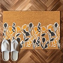 Felpudo Entrada Fibra De Coco Natural - 60x40cm, Estampación Flores, Base PVC Antideslizante, Marrón, Para Limpiar Calzado Y Decorar