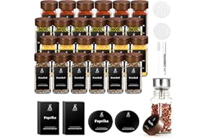 SAEIV Elegante Botes de Especias en Cristal Acacia (24 x 120 ml), Almacenaje Cocina Cuadrado con Etiqueta - Juego Utilitario