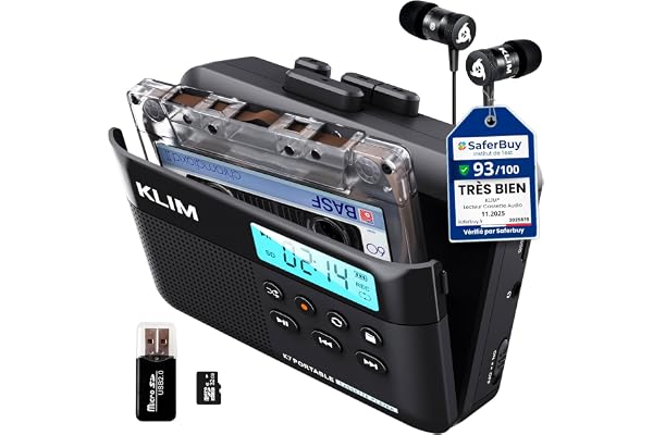 Cassette Player KLIM K7 - Lecteur Cassette Audio - Convertisseur Cassette Audio en MP3 - Microphone et Haut-Parleur intégrés - Batterie Rechargeable - Ecouteurs - Carte SD 32GB