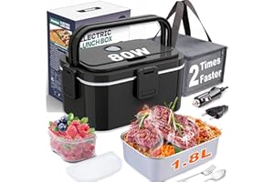 HOMHUT Fiambrera Eléctrica 80W Calentador de Comida Electrico 12/24/230V Fiambreras Comida Trabajo 1.8L para Coche/Camión con Compartimentos y Bolsa de Gris Aislamiento(1.8L-Negro)