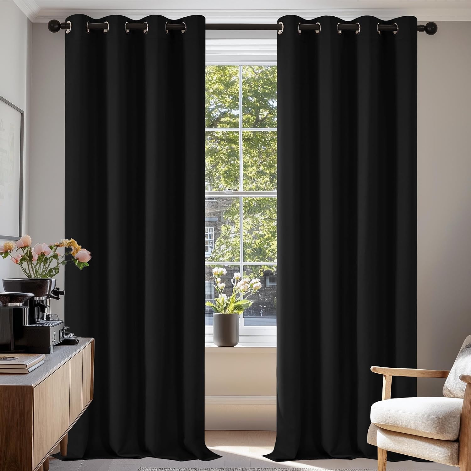 Deconovo Black Curtains Bedroom 52 x 84 Inch Thermal Insulated Energy Saving Eyelet Blackout Curtains for Living Room Black 1 PAIR