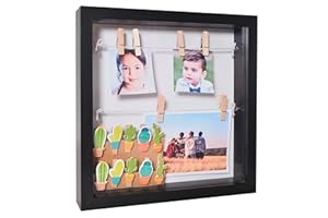 Gadgy Cornice Profonda Nera con Mollette e Vetro - Shadow Box 3D per Foto Biglietti Ricordi, Bacheca Portafoto Filo da Parete o Tavolo, Cornice Profonda Decorativa - 25x25 cm