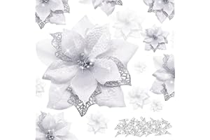 ‎YSUVIN YSUVIN 25 Stück Weihnachtsblumen, Weihnachten Blumen mit 25 Stück Clips, Weihnachtsstern Ornamente Poinsettia Glitzer Christbaumschmuck Geeignet für Weihnachten Hochzeitsfeier Neujahr, Silber