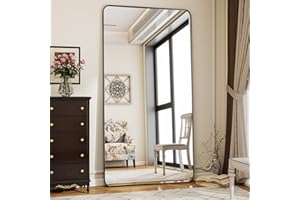 Koonmi Specchio da pavimento con angoli arrotondati, 76 x 171 cm, con supporto, grande per pavimento, specchio da pavimento, per camera da letto, soggiorno, colore nero