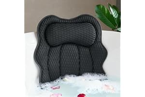 Joeyset Luxury Bathtub Pillow, 4D Air Mesh Fabric for Breathability & Quick-Drying, Extra Thick Spa Cushion for Head, Neck, Back Support, Non-Slip Tub Pillow with Strong Suction Cups (Black)