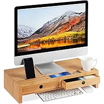 Relaxdays Bamboo Monitor Stand, Stand with 2 Drawers and Shelves, Desk 12 x 56 x 27 cm (H x W x D), Natural