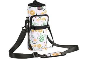 Nuovoware Water Bottle Carrier Bag, 750ml Bottle Pouch Holder, Adjustable Shoulder Hand Strap 2 Pocket Sling Neoprene Sleeve Sports Accessories for Gym Hiking Travel, Yellow Daisy
