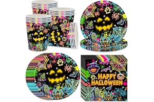 pekifaves Halloween Partygeschirr Set für 16 Gäste, Papier Teller Servietten Tassen, Geschirr Pappteller Set für Halloween Party Dekoration Partyzubehör Skelette Kürbisse Gespenster Spinnen, Schwarz