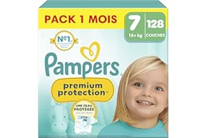 Pampers Premium Protection, Taille 7, 128 Couches, 15kg+, Double Protection pour la peau et contre les fuites Avec Poche Stop & Protect pour aider à capturer les Fuites, Pack 1 Mois