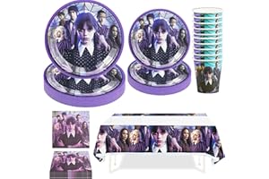 Hmfmdy Wednesday Partygeschirr Set, 51 Stück Party Deko, Wednesday Thema Geburtstag Geschirr Kit Mit Pappteller Becher Servietten Tischdecke, Kindergeburtstag Party Geschirr Supplies für 10 Gäste