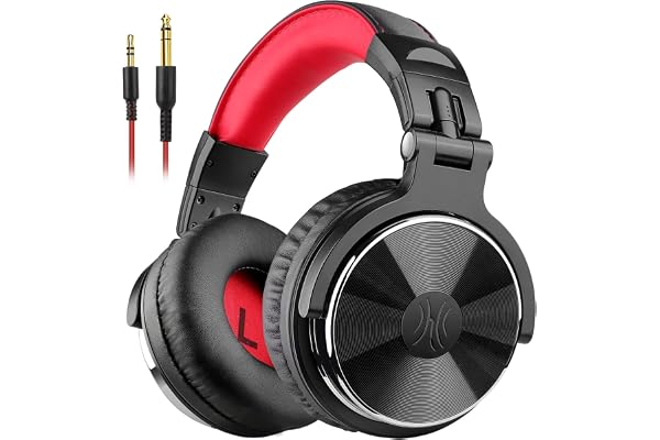 OneOdio Casque Audio Filaire DJ Piano Guitare avec Micro, Hi-Res Audio Extra Basse Son, Léger Confort Pliable Casques avec Share-Port, 2 câbles - Headphone pour PC Studio Monitor AMP Pro-10(Rouge)