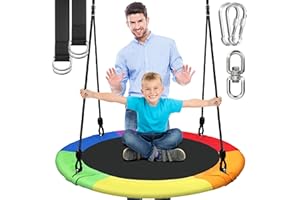 SereneLife Tree Swing Seat, Large Round Saucer Kids Swings, Adults and Kids Nest Swing, Durable Frame, 270kg Capacity, Indoor Outdoor Hanging Rope Swinging Seat for Backyard, Garden and More – Rainbow