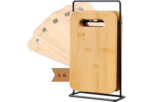 CASSARY Planche à découper en bois avec support (pack 4). Planche à découper professionelle en bois multifonctionnelle pour couper et hacher la viande, les saucisses, le fromage, le pain... Planche bambou