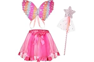 AUYAO Kostium wróżki dla dziewczynek, sukienka księżniczki motyla wróżki, 3 szt. skrzydełka motyli dla dzieci, ze spódnicą tutu, wróżka skrzydełka, pałeczki, dzieci motyle skrzydła karnawałowe cosplay