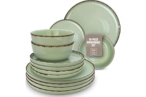 PURE LIVING INTERIOR DESIGN 18 Piece Dinner Sets for 6 People - Beautiful Country Style Stoneware Dinner Set for 6 - Dishwasher & Microwave Safe Plates and Bowls Set for 6 - Dinnerware Sets by Pure Living in Mint Green