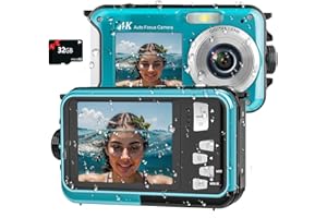 YISENCE Appareil Photo numérique Etanche 4K 56MP Autofocus Caméra sous-Marine Carte mémoire 32G Selfie Double écrans 11FT 16X Zoom Appareil Photo Etanche