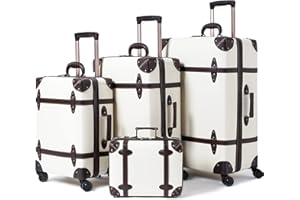 urecity Vintage Luggage Sets for Women Men, PU Leather Retro Suitcase Set, Vintage Carry On Luggage, Cute Vintage Trunk Luggage Sets 4PCS (White, 4 Pcs Set)