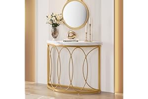 Tribesigns Złoty stolik konsolowy, stolik pomocniczy z metalową ramą i wzorem półksiężyca, nowoczesny stolik do sofy, do salonu, przedpokoju, przedpokoju