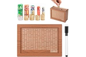 Bczhieulw Hucha japonesa de madera, caja de dinero para adultos reutilizable con números de marca y objetivo de ahorro (5000€)