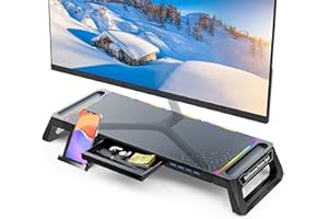 MOOJAY Soporte de Monitor para Escritorio Gaming con Luces RGB y 4 Hub USB 3.0, Soporte de Pantalla de Ordenador Plegable con Cajón y Bandeja para Bolígrafos, Elevador de Monitor para PC/iMac-Negro