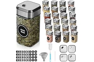 FRIBERG 24 Pot a Epices,120 Ml,Pots à épices Carrés en Verre,Couvercle Rotatif, 3 Modes de Sortie, Avec Entonnoir, Autocollant, Stylo et Brosse de Nettoyage