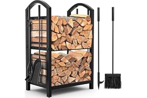 Holtaz Feuer Ensemble de 5 Outils Pour Cheminée Brosse Pelle Pince Tisonnier Support Pour Eminée Accessoires de Cheminée Noirs Range-Bûches 74x40,2x30 cm