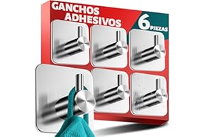 Menz ganchos adhesivos para pared inox, 6 piezas - toalleros de baño sin taladro - colgadores autoadhesivos resistentes, percha para albornoz ropa paño de cocina, Plateado