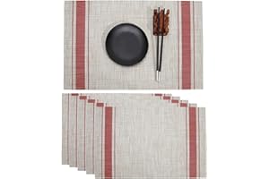 Terafeels Table Mats Linen Red Stripe PVC Non-Slip Tear-Resistant & Washable Place Mats Easy To Clean Heat Resistant & Waterproof Set of 6 Tablemats for Kitchen Dining Table Restaurant and Hotel，8702
