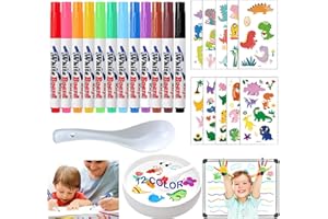 JSHENG Magic Pen Dibujos en el Agua, 12Pcs Rotuladores Agua Magicos, Rotuladores de Agua con Cuchara, 2 Pegatinas para Tatuajes, Rotulador Agua Magico, para Dibujo Graffiti Escritura Pizarra Ropa
