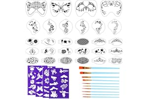 WOFEU 42 Pcs Face Paint Stencils Kits Includes 28 Reusable Facial Painting Stencils with 4 Stickers 10 Painting Brushes Plastic Tattoo Painting Templates for Kids Halloween Party Makeup