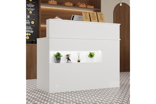 Comptoir Réception, Comptoir de Réception avec Tiroir-Clavier, Meuble de Réception, pour la Maison, Le Bureau, Le Salon, Les spasblanc, MDF, 100cm X 120 cm X 50 cm