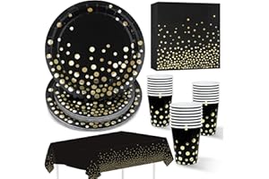 ZVK Stoviglie per feste, Nero con lamina d'oro 97 pezzi Piatti di carta, Tovaglioli di carta, Bicchieri di carta, Tovaglia monouso per feste Decorazioni da tavola per feste