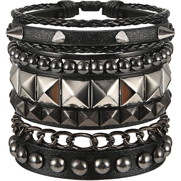 Lot De 3 Bracelets Punk En Cuir Clouté – Noir, Réglable, Unisexe | Style Gothique, Rock, Pour Concert Ou Fête