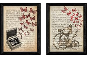 NACNIC Pack de Dos láminas Vintage Caja de música y velocipedo con definicion de Diccionario emociones y música Tamaño A4 - Sin Marco. 250 Gr
