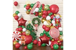 JOBKOO Luftballons Weihnachten Deko, Rot Grün Weiß Luftballon Girlande mit Großer Lebkuchenmann Weihnachtsmann Lutscher Stern Zuckerstangen Windmühle Folienballon, Metallic Gold Ballons für Weihnachts