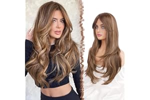 FESHFEN Perruque Longue pour Femmes Perruque avec Frange Dégradé Cheveux Naturelle Synthétique Résistante à la Chaleur Perruques Ondulé Utilisation Quotidienne, 65 cm Blond miel métissé brun clair