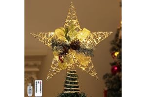 Lewondr Árbol de Navidad Topper, Estrella del Árbol Topper con Cuentas de Luz LED y Cono de Pino, Alimentadas por USB & Mando a Distancia Temporizador, Decoración para el Hogar de Vacaciones, Oro