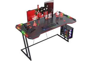 CubiCubi Esport Bureau d'ordinateur Ergonomique avec Surface en Fibre de Carbone et LED, Cadre en Z Stable, Crochet pour Casque pour Jouer, Apprendre Noir 140 x 60 cm