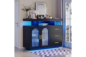 Lvifur Credenza Cucina Con Ricarica Wireless, Armadio Portaoggetti Con Sensore Automatico RGB a 20 Colori, Credenza Dimmerabile Con Sensore Corporeo, Credenza Con Porte USB e Type-C Nero