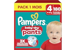 Pampers Baby-Dry Pants, Taille 4, 180 Couches-Culottes, 9-15kg, Maintien 360° Contre Les Fuites Avec Une Poche Stop & Protect Pour Une Nuit Jusqu'à 100% Sans Fuites, Pack 1 Mois