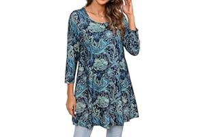 Enmain Tunique Femme Longue Grande Taille à Manches 3/4 Chic et Élégante Chemisier Haut Ample à Motifs Couleur Unie Col Rond T-Shirts Blouses