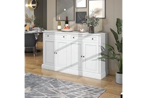 Kehun Sideboard White for Living Room and Dining Room, Chest of Drawers, Buffet Cabinet, 150 x 86 x 40 cm with 4 Doors and 2 Storage Drawers, Antique White