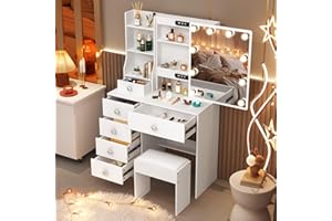 Ereousa Toeletta Trucco con Specchio e Sgabello, Postazione Make Up Robusta con Luci Dimmerabili e Guida Video, Ampia Scrivania Trucco con 6 Cassetti e 6 Ripiani, Bianco, 36×80×131 cm, H3903