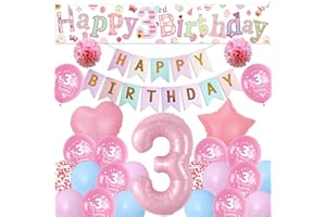 SROEESHEE Sheeshee 3rd Birthday Decorations Girls - Pink Large Happy 3rd Birthday Yard Banner, Stars Number 3 Foil Balloons and Paper Pompoms for 3 Year Olds Party