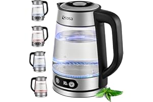Ecosa® Szklany czajnik elektryczny z regulacją temperatury 1,8 l, 2200 W, ze stali nierdzewnej, możliwość wyboru temperatury, w 100% bez BPA, funkcja utrzymywania ciepła, oświetlenie LED, funkcja